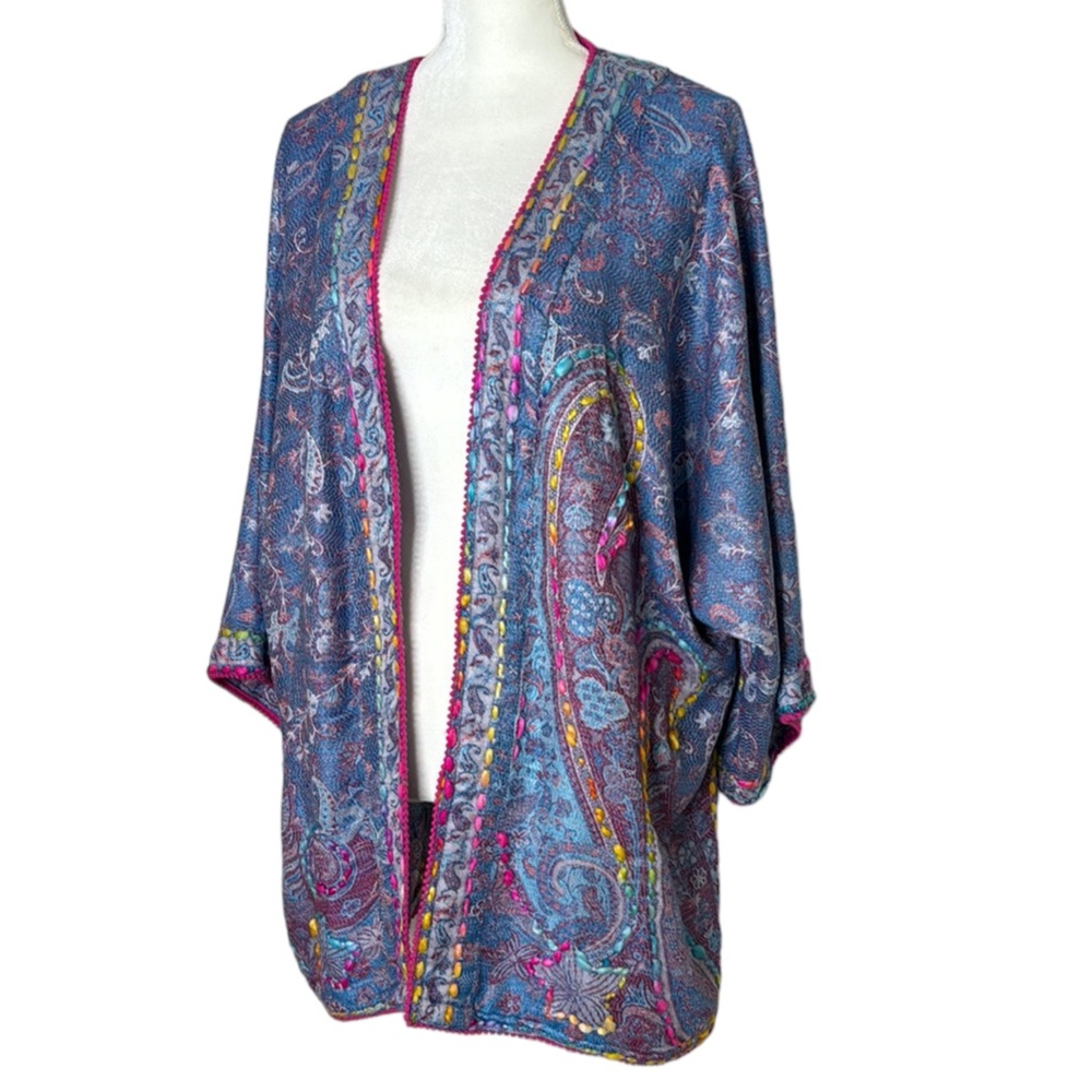 Time for Me Teal & Multi Colored Unique Bohemian Sweater Kimono Size M/L
